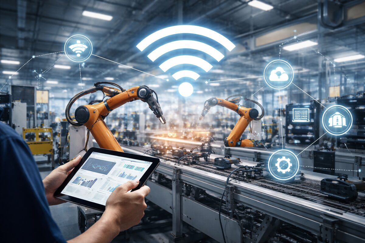 Intelligente Fertigung mit WLAN: Handscanner und vernetzte Produktion in einer modernen Industriehalle